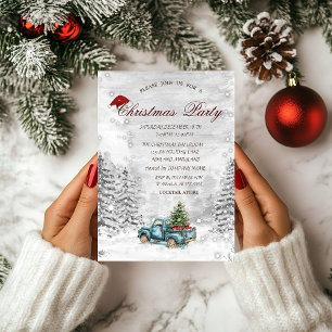 Blue Truck Pine Tree Snow Forest Christmas  Invitation