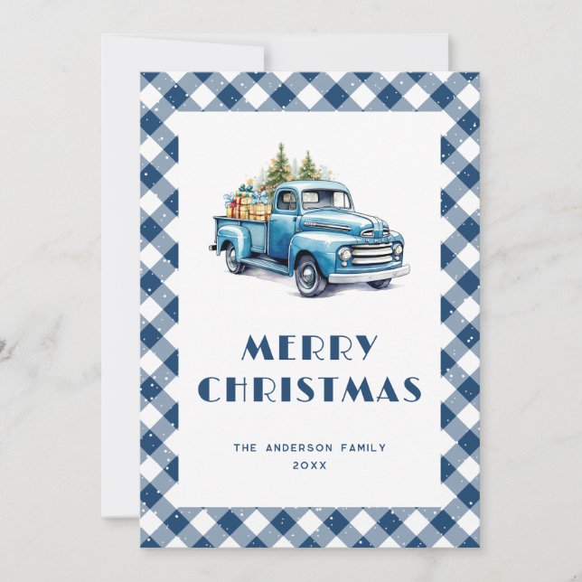 Blue Truck Plaid Snowy Merry Christmas Cards (Front)