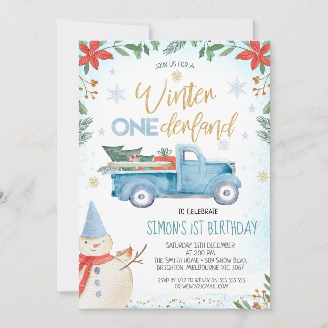 Blue Truck Poinsettia Winter Onederland Birthday Invitation (Front)