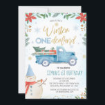 Blue Truck Poinsettia Winter Onederland Birthday Invitation<br><div class="desc">Blue Truck Poinsettia Winter Onederland Birthday Invitation 

Sweet boy's winter onederland birthday invitation featuring a blue truck,  a faux gold calligraphy heading,  snowflakes,  a snowman and a lovely poinsettia arrangement. This boy's winter onederland birthday invitation is sure to set the scene for a colorful onederland first birthday party.</div>