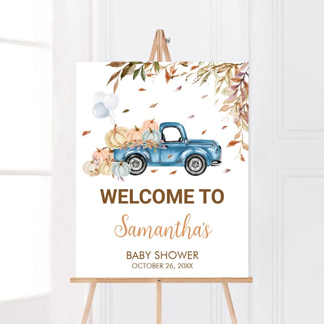 Blue Truck Pumpkin Baby Shower Welcome Poster (Boy Little Pumpkin Truck Baby Shower Welcome Sign)