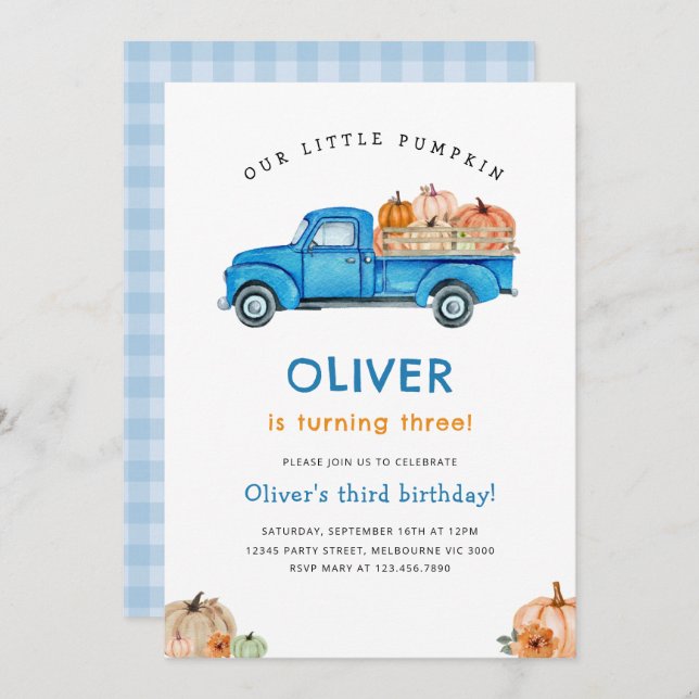Blue Truck & Pumpkin Fall Farm Birthday Invitation (Front/Back)