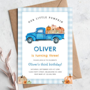 Blue Truck & Pumpkin Fall Farm Gingham Birthday Invitation