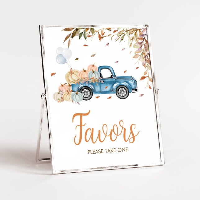 Blue Truck Pumpkin Favours Baby Shower Poster (Boy Little Pumpkin Truck Baby Shower Favors Sign)