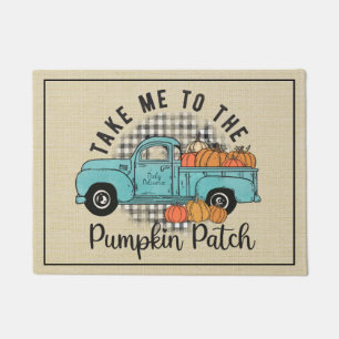 Blue Truck Pumpkin Patch Buffalo Plaid Fall Doormat