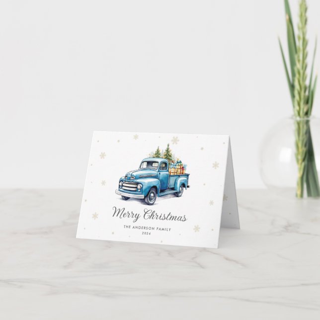 Blue Truck Snowflake Photo Merry Christmas Card (Front)