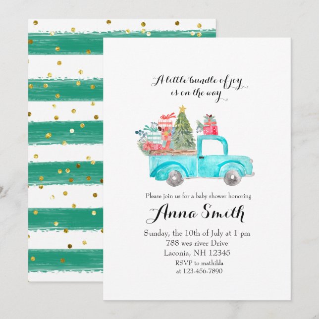 Blue truck snowflakes Christmas boy baby shower Invitation (Front/Back)