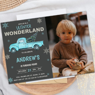 Blue truck Winter Wonderland Birthday Invitations