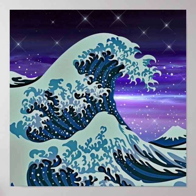 Blue Tsunami Wave Japanese Art Drawing Poster (Front)