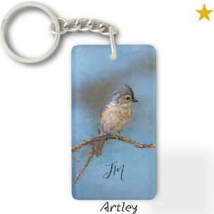 Blue Tufted Titmouse Bird Painting Custom Initial Key Ring