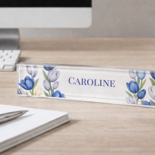 Blue Tulip Botanical Elegant Office Desk Design Nameplate