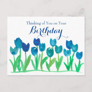 Blue Tulip Watercolor Flowers Happy Birthday Postcard