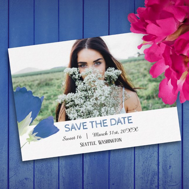 Blue Tulips, Floral Sweet 16 Save the Date Card (spring springtime blue tulips birthday party for sweet 16 save the date card)