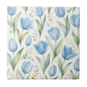 Blue Tulips Watercolor Floral Painting Botanical Ceramic Tile