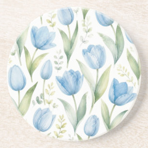 Blue Tulips Watercolor Floral Painting Botanical Coaster