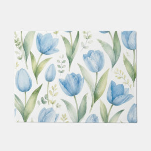 Blue Tulips Watercolor Floral Painting Botanical Doormat