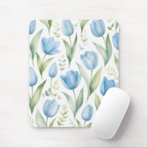 Blue Tulips Watercolor Floral Painting Botanical Mouse Pad