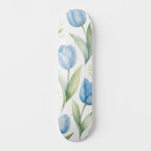 Blue Tulips Watercolor Floral Painting Botanical Skateboard