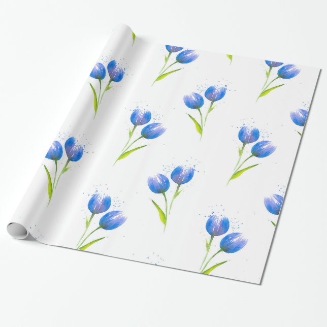 Blue Tulips Watercolor Pattern Wrapping Paper (Unrolled)