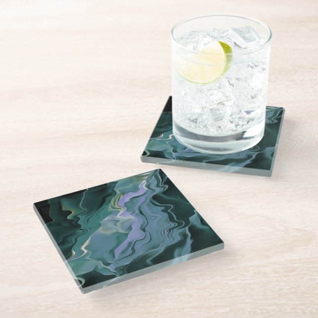 Blue Turbulence Acrylic Pour Abstract Art Glass Coaster (Angled)