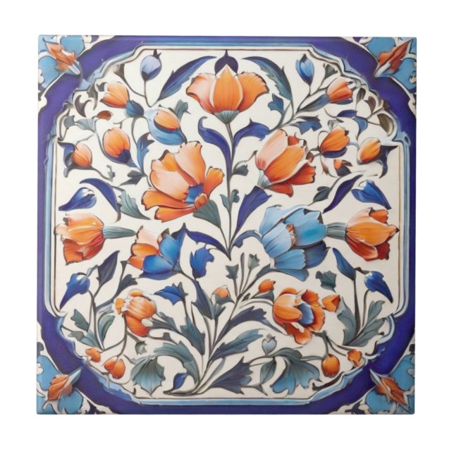 Blue Turkish Floral Orange Poppies Poppy Flowers Ceramic Tile (Front)
