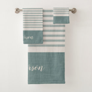 Blue Turkish Stripes Monogram Farmhouse Bath Towel Set