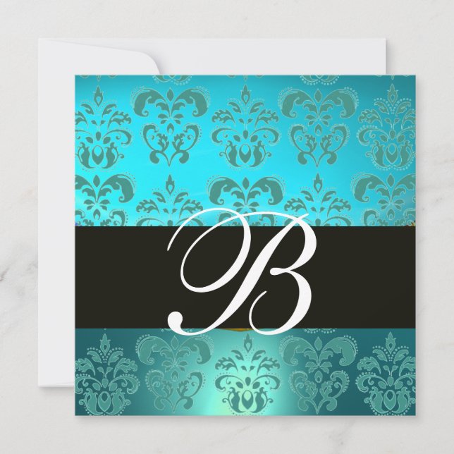 BLUE TURQUASE BLACK  DAMASK MONOGRAM , aquamarine Invitation (Front)