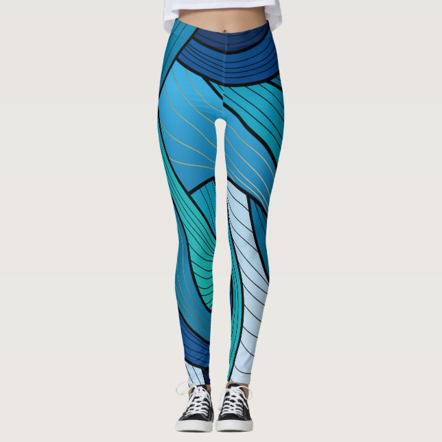 Blue Turquoise Abstract Wave Leggings (Front)