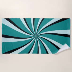 Blue, turquoise and black retro style sun rays beach towel