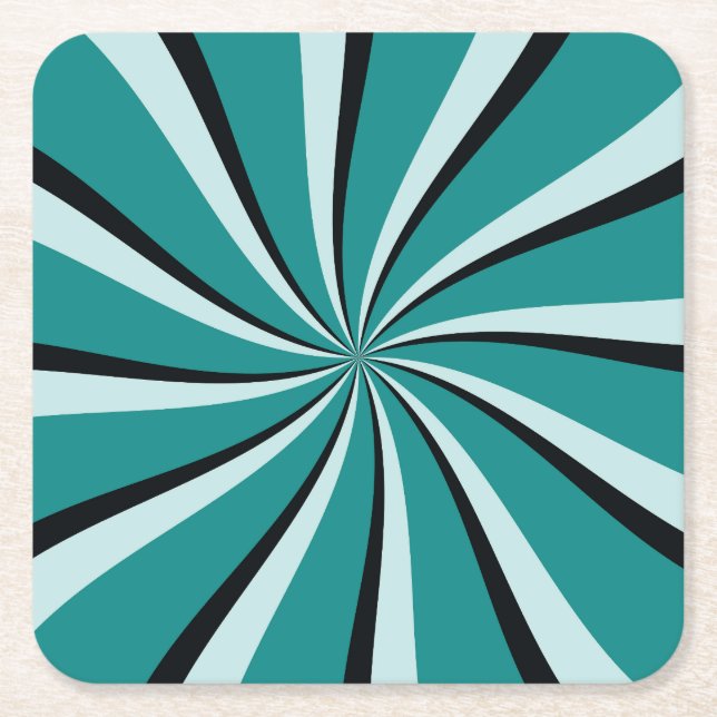 Blue, turquoise and black retro style sun rays square paper coaster (Front)
