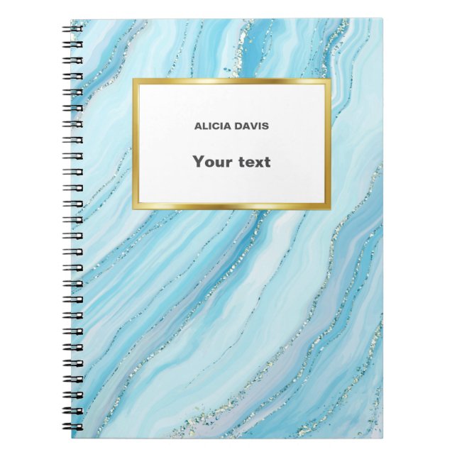 Blue Turquoise and Gold Marble  | your name Notebook (Front)