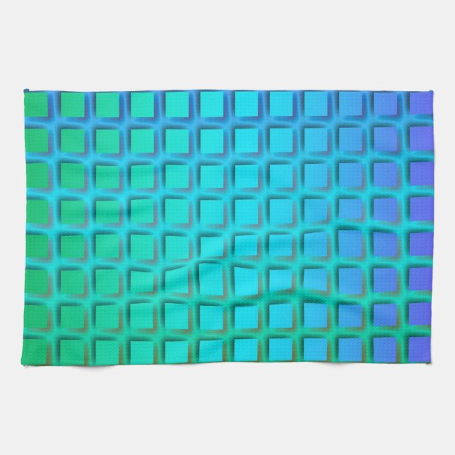 Blue Turquoise and Green Squares Pattern Tea Towel (Horizontal)