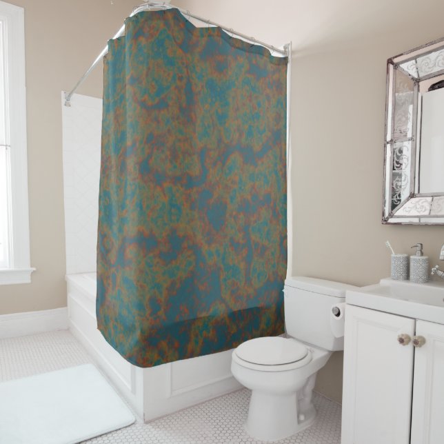 Blue, Turquoise and Rusted Metal Abstrat Shower Curtain (In Situ)