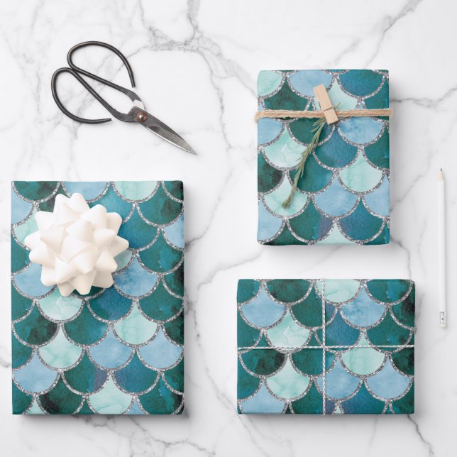 Blue, turquoise and Silver Mermaid Scales   Wrapping Paper Sheet (Front)