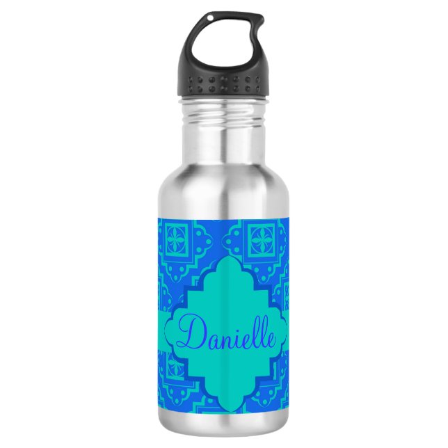 Blue & Turquoise Aqua Arabesque Moroccan 710 Ml Water Bottle (Front)