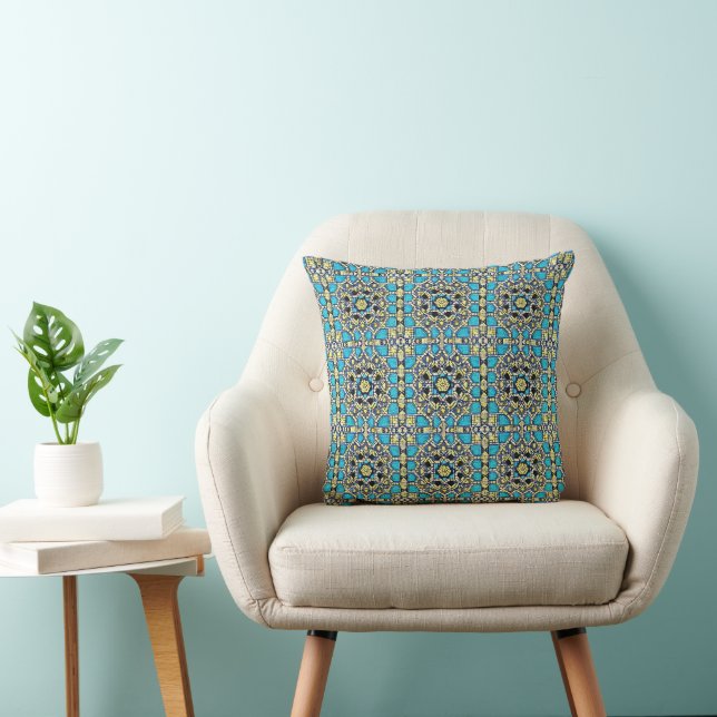Blue turquoise aqua yellow navy moroccan mosaic cushion (Chair)