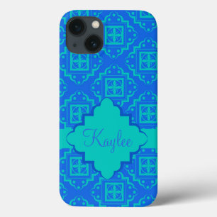 Blue Turquoise Arabesque Moroccan Name Personalise iPhone 13 Case