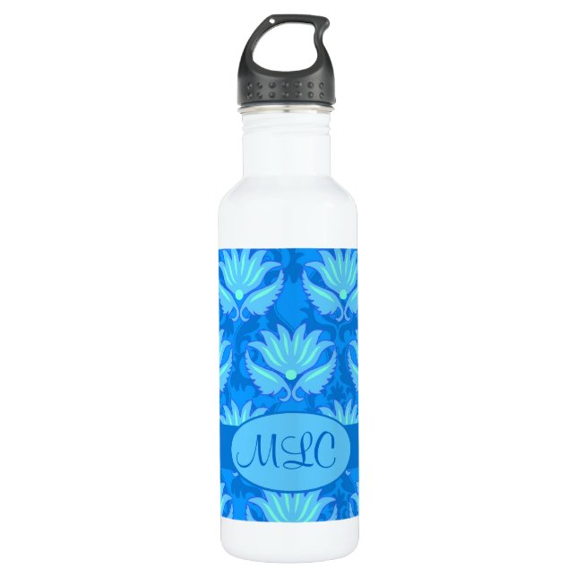 Blue Turquoise Art Nouveau Damask Monogram 710 Ml Water Bottle (Front)