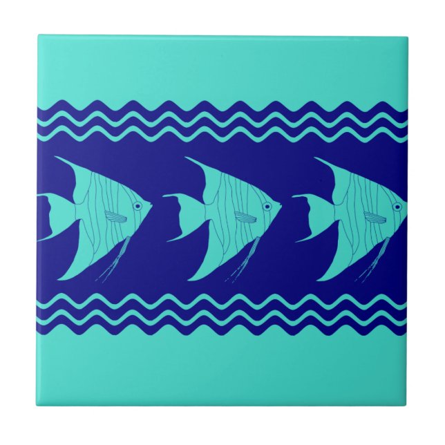 Blue Turquoise Coastal Angelfish Stripes Ceramic Tile (Front)