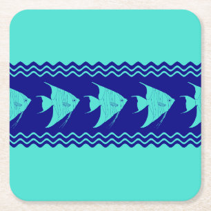 Blue Turquoise Coastal Angelfish Stripes Square Paper Coaster