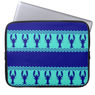 Blue Turquoise Coastal Lobster Stripes Laptop Sleeve