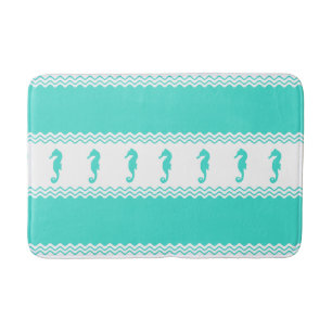 Blue Turquoise Coastal Seahorses Stripes Bath Mat