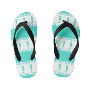 Blue Turquoise Coastal Seahorses Stripes Kid's Thongs