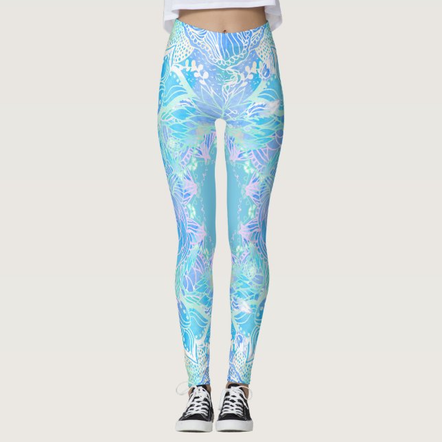 Blue turquoise floral watercolor handdrawn mandala leggings (Front)