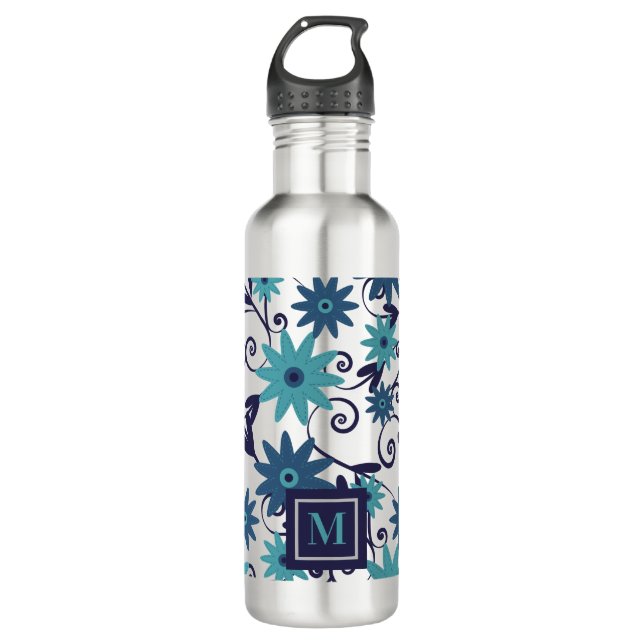 Blue Turquoise Flowers Monogram   710 Ml Water Bottle (Front)