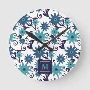 Blue Turquoise Flowers Monogram Round Clock