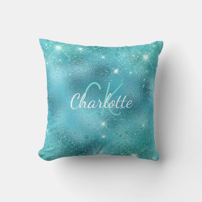 Blue turquoise glitter monogram cushion (Front)