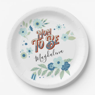 Blue Turquoise Green Flowers Mum To Be Paper Plate