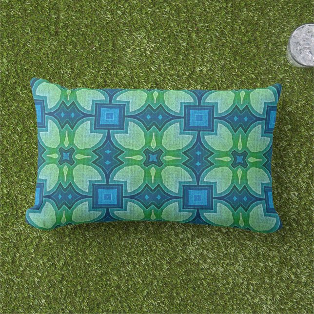 Blue Turquoise Lime Green Hip Orient Tribal Art Lumbar Cushion (Grass)
