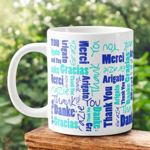 Blue Turquoise Multilingual Thank You Typography Large Coffee Mug